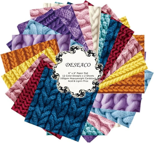 DESEACO 24 Sheets Knitting Wool Texture Decorative Scrapbooking Paper Pad 6x6 Craft Paper Single-Side Card Making Supplies for Junk Journal, Holiday Journaling, Purple, Blue, Pink and Yellow