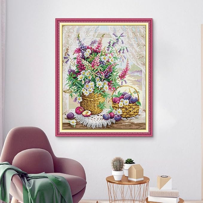 Qeerysew Cross Stitch Kits Stamped Full Range of Embroidery Starter Kits for Beginners DIY - Printed kit Window sill Flower Basket(Printed) 11CT20×24 inches