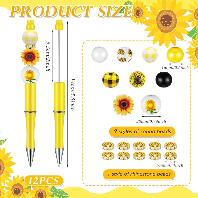Geyee 12 Set Plastic Beadable Pens Assorted Bead Pens Crystal Wood Round Spacer Set Black Ink DIY Ballpoint for Women Men Gift Office Supplies(Sunflower)