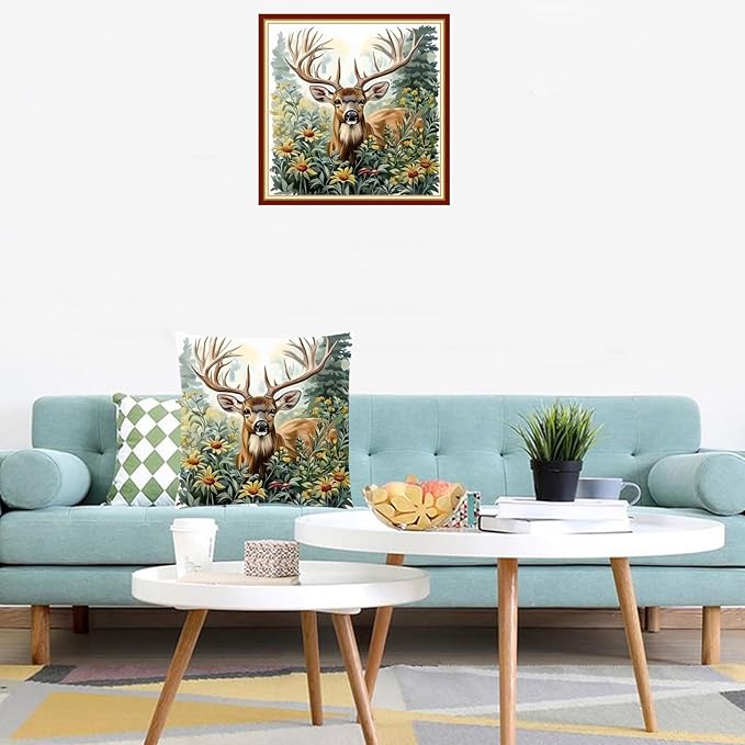 Lovxvouy Pillow Cross Stitch Kits for Adults Beginners-Preprinted Needlepoint Kit Stamped Crossstitching Kits 11CT Cross-Stitch Kit Stitches Kit Embroidery Kits-Lucky Deer 18x18 inchs