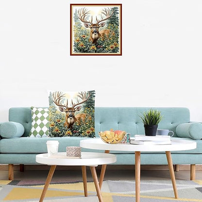 Lovxvouy Pillow Cross Stitch Kits for Adults Beginners-Preprinted Needlepoint Kit Stamped Crossstitching Kits 11CT Cross-Stitch Kit Stitches Kit Embroidery Kits-Lucky Deer 18x18 inchs