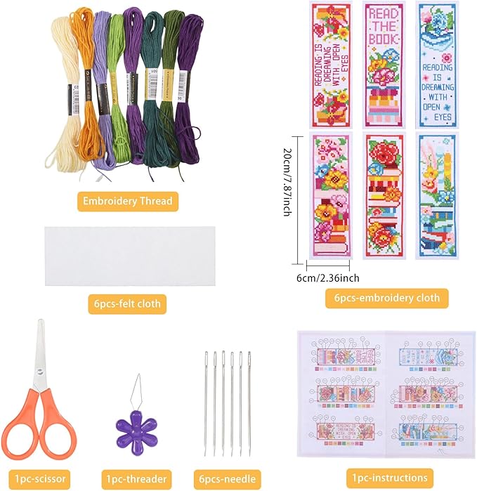 ORIGACH 6 Pcs Cross Stitch Bookmark Kit for Beginner Book Flower Stamped Embroidery Stitch Kits for Starter DIY Bookmarks Printed Cross Stitch Kits for Book Lovers