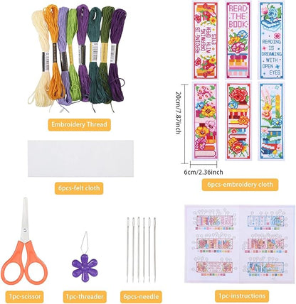 ORIGACH 6 Pcs Cross Stitch Bookmark Kit for Beginner Book Flower Stamped Embroidery Stitch Kits for Starter DIY Bookmarks Printed Cross Stitch Kits for Book Lovers