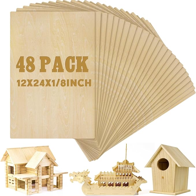 Juexica 48 Pcs 12" X 24"x 1/8" Basswood Craft Sheets 3mm Plywood Board Wood Thin Sheets for Arts Crafts Woodworking Scroll Sawing Projects Painting Drawing Laser Cutting Projects