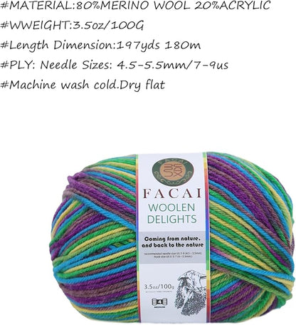 Facai Blend Merino Wool Yarn for Knitting - Worsted Weight,197yds (3.5oz) Ball, Ideal for Sweaters, Scarves, and Accessories (1, Rainbowmix)