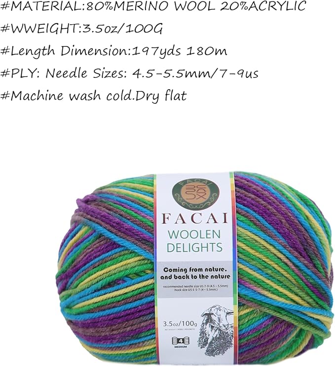 Facai Blend Merino Wool Yarn for Knitting - Worsted Weight,197yds (3.5oz) Ball, Ideal for Sweaters, Scarves, and Accessories (3, Rainbowmix)