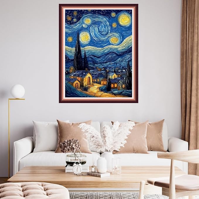 Fanxvivy Stamped Cross Stitch Kits for Beginners Full Range of Cross Stitching Preprinted Embroidery Kits for Adults, 11CT Embroidery Pattern Needlepoint Kits-Van Gogh's House Starry Sky 16x20 inch