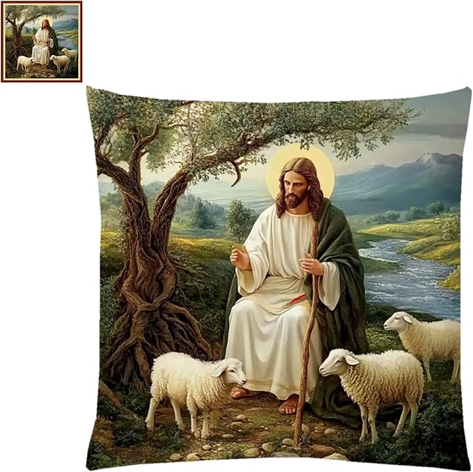 Lovxvouy Pillow Cross Stitch Kits for Adults Beginners-Preprinted Needlepoint Kit Stamped Crossstitching Kits 11CT Cross-Stitch Kit Stitches Kit Embroidery Kits-Jesus Shepherd 18x18 inchs