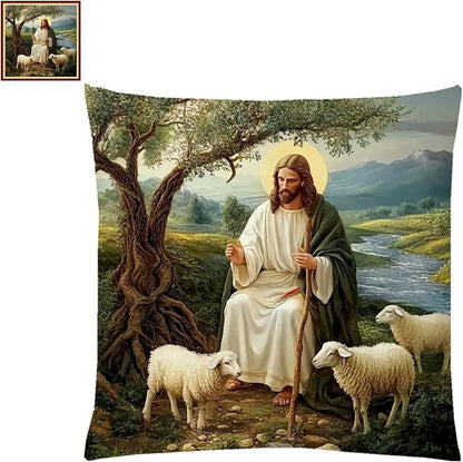 Lovxvouy Pillow Cross Stitch Kits for Adults Beginners-Preprinted Needlepoint Kit Stamped Crossstitching Kits 11CT Cross-Stitch Kit Stitches Kit Embroidery Kits-Jesus Shepherd 18x18 inchs