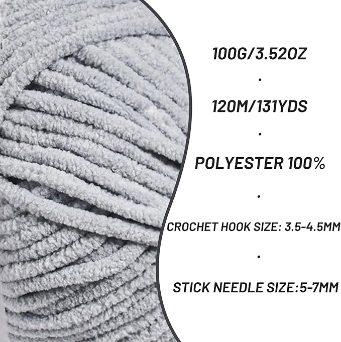 Plush Chunky Chenille Yarn for Crocheting, Soft Fluffy Velvet Yarn for Crocheting Amigurumi, Fuzzy Baby Blanket Knitting 200g/262yds Bulky(2 Grayish)