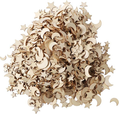 1000Pcs Wood Moon Star Cutout Slices Unfinished Star and Moon Shape Wood Cutouts for DIY Craft