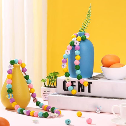 200 Pieces Easter Wood Beads for Craft Colorful Round Craft Bead Rabbits Egg Wood Bead for Spring Garland DIY Easter Holiday Family DIY Crafts Supplies Party Decors, Multiple Style (Cute Style)