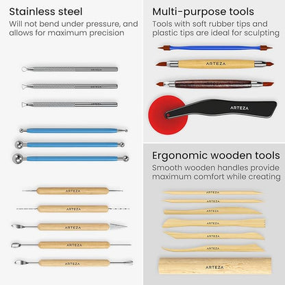 ARTEZA Pottery & Polymer Clay Tools, 22-Piece Sculpting Set with Steel Tips and Wooden Handles, Craft Kit for Pottery Modeling and Carving