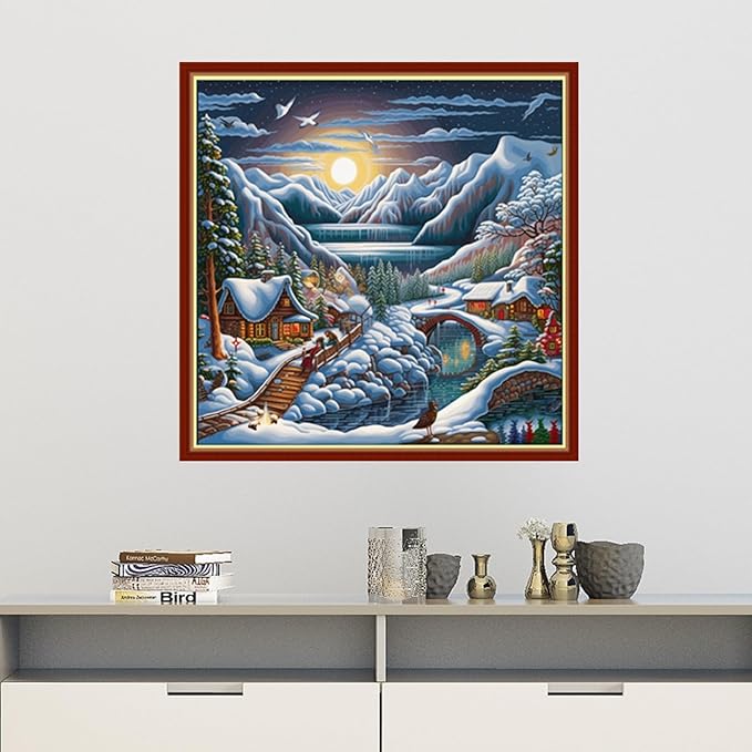 Findvoor Stamped Cross Stitch Kits for Beginners Full Range of Cross Stitching Embroidery Pattern for Adults, 11CT DIY Needlepoint Embroidery Starter Kits-Snow Scenery 17.7x17.7 inch