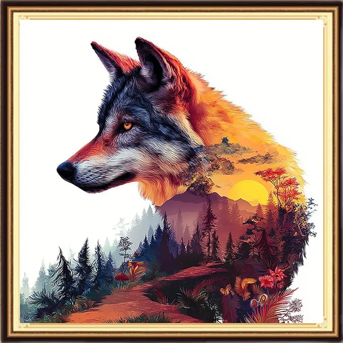 DMCVIVR Stamped Cross Stitch Kits for Adults Beginners Embroidery Kits 11CT Needlepoint Kits Cross Stitch Patterns Embroidery Patterns-Abstract Landscape Wolf 18x18 inch