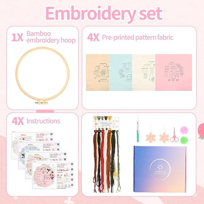 Jyphorixal Embroidery Kit for Beginners Adults Cross Stitch Starter Kit Needle Point Supplies 30 Basic Stitches in 4 Set, DIY Craft Lover Starter Hand Stitch