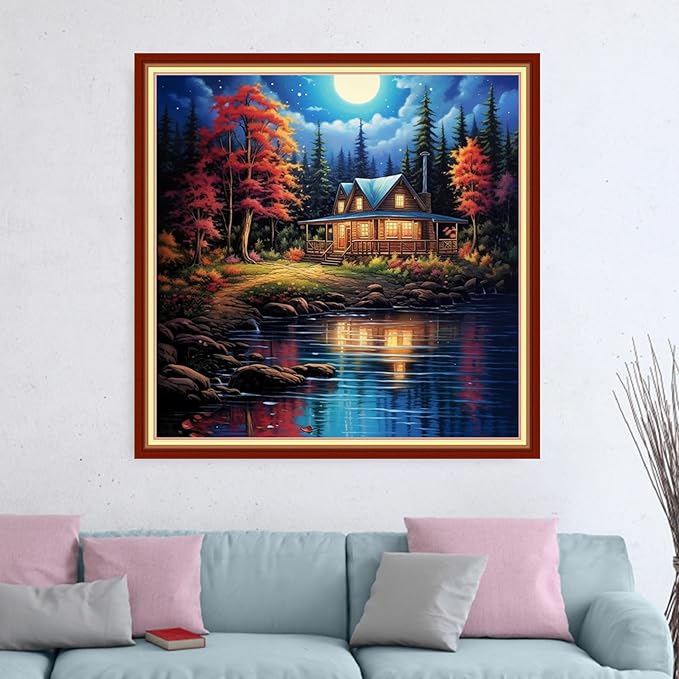 Dimensean Stamped Cross Stitch Kits Full Range of Embroidery Patterns Starter Kits for Beginners Adult DIY Cross Stitches Needlepoint Kits 11CT-Night View by The Lake 18x18 inch