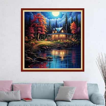 Dimensean Stamped Cross Stitch Kits Full Range of Embroidery Patterns Starter Kits for Beginners Adult DIY Cross Stitches Needlepoint Kits 11CT-Night View by The Lake 18x18 inch