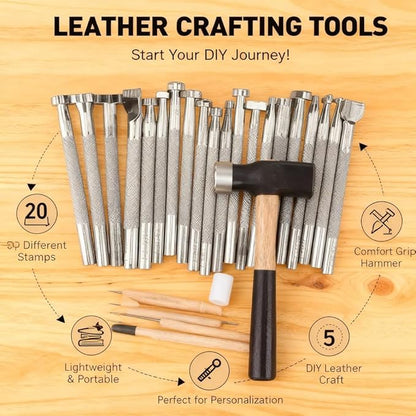 Leather Working Tools Set 28PCS, DIY Leather Craft Stamping and Carving Kit, Wood and Nylon Handle - Complete Leather Crafting Kit, Comfortable Grip, Ideal for Beginners and