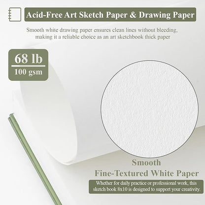 SuFly Spiral Bound Sketchbook 8x10, 100 Sheets Hardcover Sketch Books, 68lb/100gsm Sketch Paper, Sketch Pads for Drawing for Adults, Sketchbook for Art Class & School.