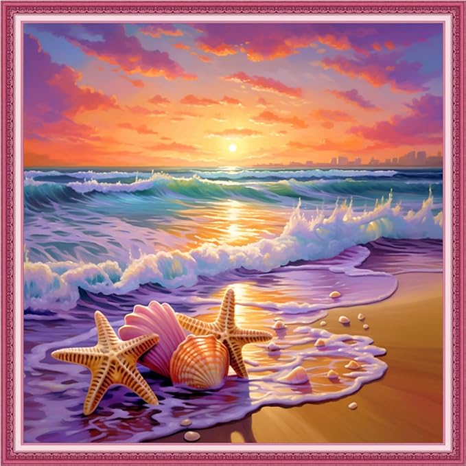 Joyhoor Cross Stitch Kits for Beginners, Stamped Cross-Stitch Supplies, Needlework Preprint Embroidery Kits, Adults DIY Needlepoint Kits, Embroidery Patterns 11CT-Sunrise on The Beach, 18x18 inch