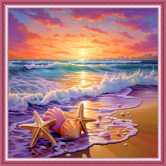 Joyhoor Cross Stitch Kits for Beginners, Stamped Cross-Stitch Supplies, Needlework Preprint Embroidery Kits, Adults DIY Needlepoint Kits, Embroidery Patterns 11CT-Sunrise on The Beach, 18x18 inch