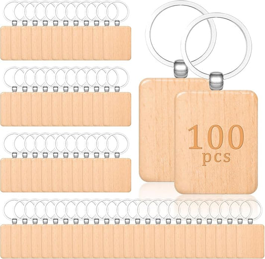 MAQUITA 100 Pcs Wooden Keychain Blanks Wood Key Chains Bulk Laser Engraving Rectangle Keychain Blanks Unfinished Wooden Key Ring Tag for DIY Gift Crafts