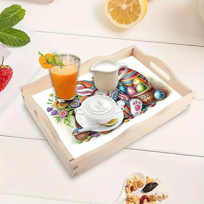 DoxQcs DIY Diamond Art Wooden Tray Kit Easter Food Tray with Handle Diamond Painted Table Decoration Tray for Breakfast Bar Dinner Table Diamond Art Painting for Beginners-#16-Easter Bunny Eggs