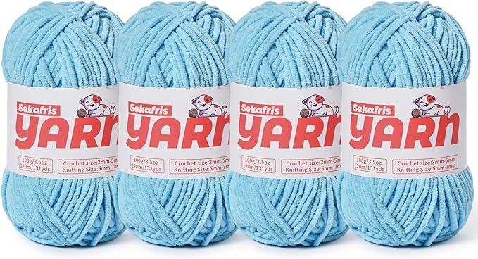 4 Pack Plush Chunky Chenille Yarn for Crocheting, Soft Fluffy Velvet Yarn for Crocheting Amigurumi, Fuzzy Baby Blanket Knitting 400g/524yds Bulky(4 Azure Blue)