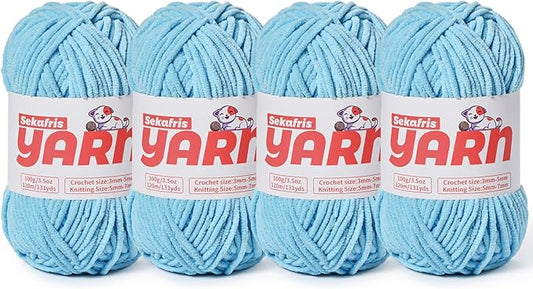 4 Pack Plush Chunky Chenille Yarn for Crocheting, Soft Fluffy Velvet Yarn for Crocheting Amigurumi, Fuzzy Baby Blanket Knitting 400g/524yds Bulky(4 Azure Blue)