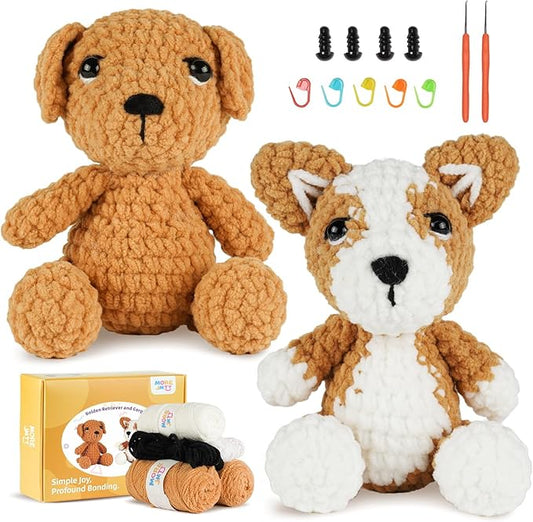 MOREJMTT Crochet Kit for Beginners, Learn to Crochet, Include Easy Knitting Soft Yarn, Step-by-Step Video Tutorial, Hook, Holiday Birthday Gift for Adults (2 Pack Dog)