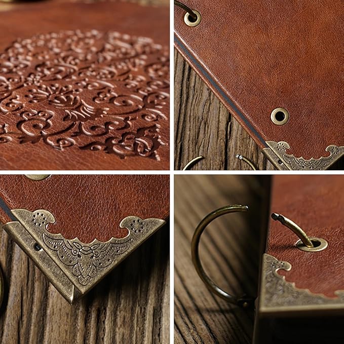 ADVcer Photo Album or DIY Scrapbook (10x10 inch 50 Pages Double Sided), Vintage Leather Cover Three-Ring Binder Picture Booth Albums with 9 Colors 408pcs Self Adhesive Photos Corners for Memory Keep