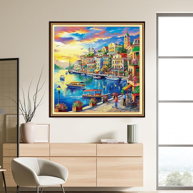 DMCVIVR Stamped Cross Stitch Kits for Adults Beginners Embroidery Kits 11CT Needlepoint Kits Cross Stitch Patterns Embroidery Patterns-Beach Scene 18x18 inch
