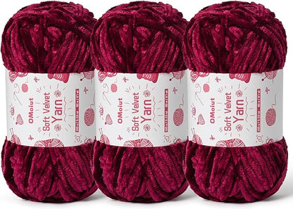 3x100g Fluffy Velvet Chenille Yarn for Crocheting and Knitting, 3x87.4yd Baby Yarn for Crocheting Soft, Crochet Chunky Yarns Amigurumi Yarns (Burgundy)