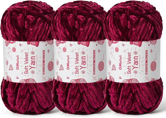 3x100g Fluffy Velvet Chenille Yarn for Crocheting and Knitting, 3x87.4yd Baby Yarn for Crocheting Soft, Crochet Chunky Yarns Amigurumi Yarns (Burgundy)