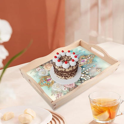 JISHSHAY Diamond Art Serving Tray Diamond Painting Food Tray Gem Art Serving Platter Gem Painting Mosaic Kits for Adults DIY Kits for Adults, with Wood Handle 20×30cm/7.87×11.81in, Flower Cross