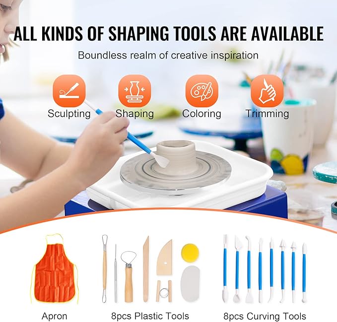 VEVOR Mini Pottery Wheel for Kids and Beginners, Complete Pottery Kit with 2 Turntables 2.6in/3.9in and 17 Accessories Tools, 0-300RPM Speed Adjustable, Craft Christmas Gifts for Kids Teens Adults