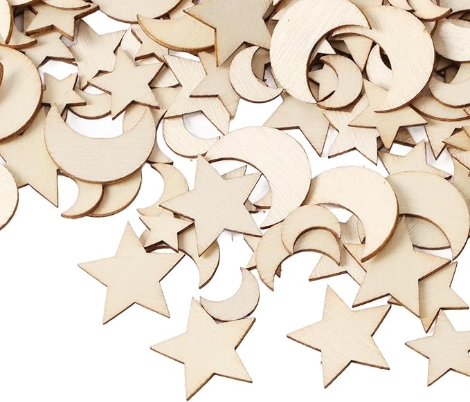 1000Pcs Wood Moon Star Cutout Slices Unfinished Star and Moon Shape Wood Cutouts for DIY Craft