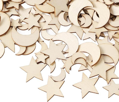 1000Pcs Wood Moon Star Cutout Slices Unfinished Star and Moon Shape Wood Cutouts for DIY Craft