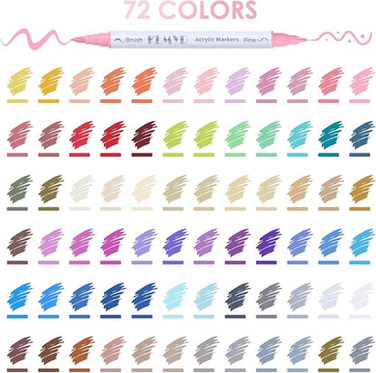 KEMYR 72 Colors Brush & Fine Tip Acrylic Paint Pens, Dual Tip Acrylic Paint Markers for Paper, Wood, Canvas, Stone, Rock, Glass, Fabric, DIY, Ceramic, Art Supplies for Adults Drawing