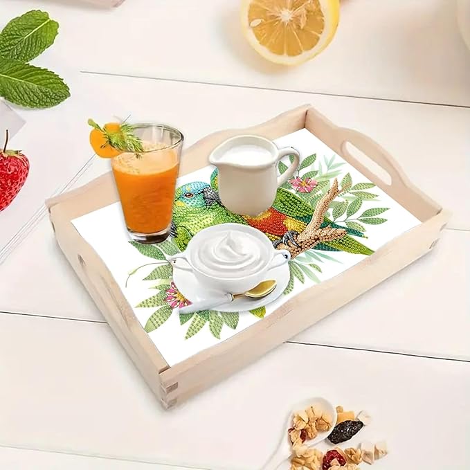 DoxQcs DIY Diamond Art Wooden Tray Kit Easter Food Tray with Handle Diamond Painted Table Decoration Tray for Breakfast Bar Dinner Table Diamond Art Painting for Beginners-Parrot