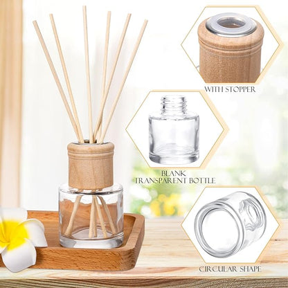 Roshtia 4 Set Reed Diffuser Bottle Empty Refillable Fragrance Glass Diffuser Bottles Set with Wooden Caps Sticks 50ml 1.7 oz Round Glass Jars for DIY Fragrance
