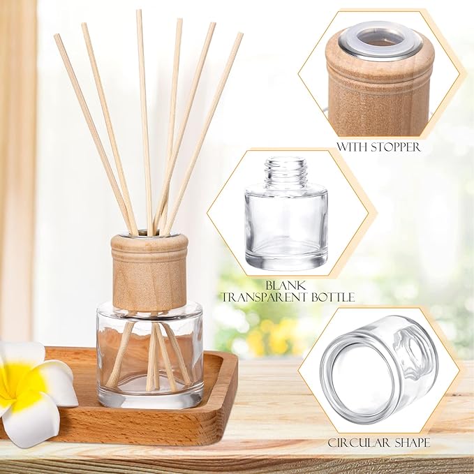 Roshtia 8 Set Reed Diffuser Bottle Empty Refillable Fragrance Glass Diffuser Bottles Set with Wooden Caps Sticks 50ml 1.7 oz Round Glass Jars for DIY Fragrance