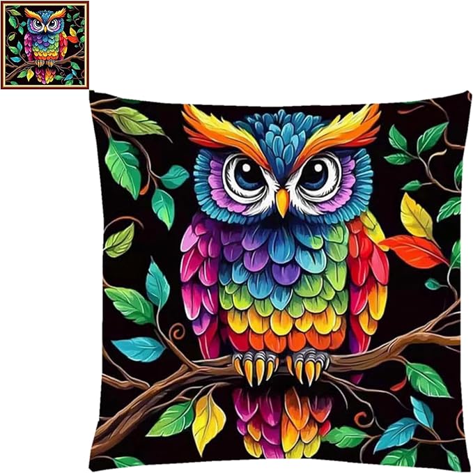 Lovxvouy Pillow Cross Stitch Kits for Adults Beginners-Preprinted Needlepoint Kit Stamped Crossstitching Kits 11CT Cross-Stitch Kit Stitches Kit Embroidery Kits-Colorful Owl 18x18 inchs