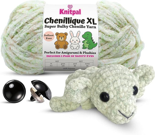 Chenillique XL Super Bulky Chenille Yarn – 100g Skein (88 Yards) + Safety Eyes + Free Plushie Pattern – Plush Polyester Yarn for Amigurumi, Crochet & Knitting - Spring Haze