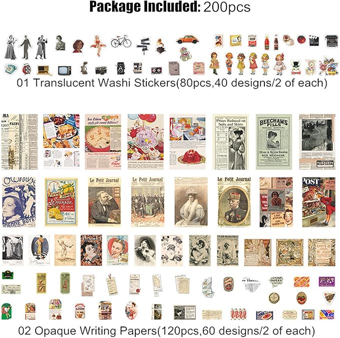 Esweny 200PCS Vintage Scrapbooking Supplies Kit for Journaling,Junk Journal Planners Aesthetic Cottagecore Room Decor Wall Art Collage Album (Retro Memory)