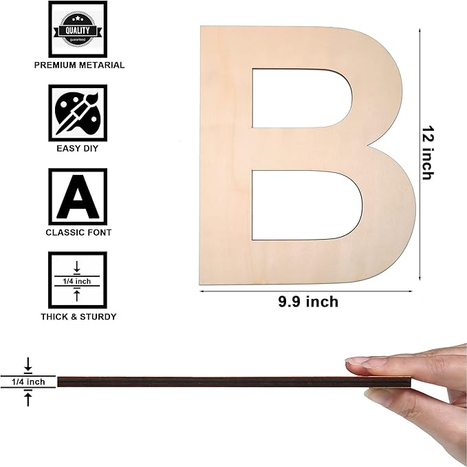 12 Inch Wooden Letter B, 1/4 Inch Thick Large Unfinished Wood Letter for DIY Crafts Home Wall Decor