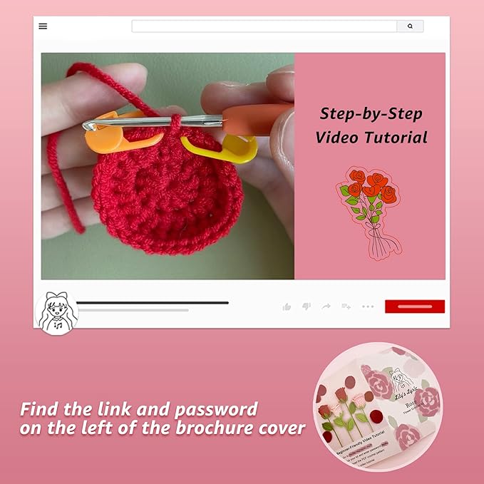 Lily's Lyric Flower Crochet Kit | Pink Rose | Step-by-Step Video Tutorial for Adults Teenagers | Craft Gift Idea DIY Home Decoration