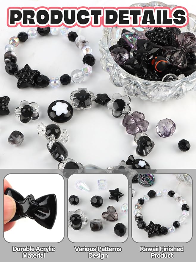 150PCS Acrylic Pastel Beads for Jewelry Making, Kalolary Black Bow Butterfly Flower Bead Kawaii Plastic Heart Bead Cute Macaroon Aesthetic Beads for Bracelet Necklace DIY (Black)