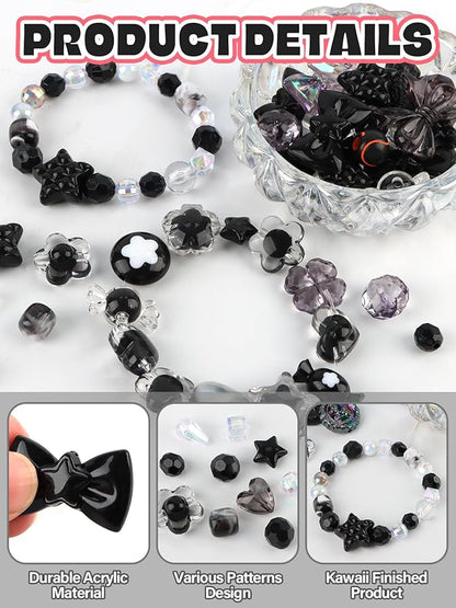 150PCS Acrylic Pastel Beads for Jewelry Making, Kalolary Black Bow Butterfly Flower Bead Kawaii Plastic Heart Bead Cute Macaroon Aesthetic Beads for Bracelet Necklace DIY (Black)